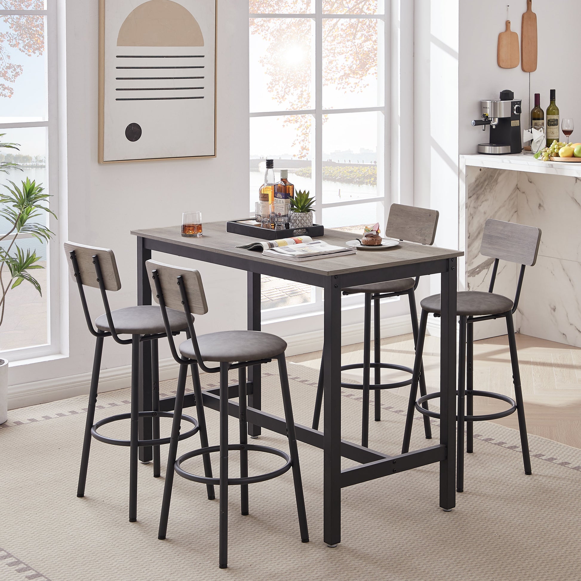 Bar Table Set with 4 Bar stools PU Soft seat with backrest Grey 47.24'' L x 23.62'' W x 35.43'' H - Korvel