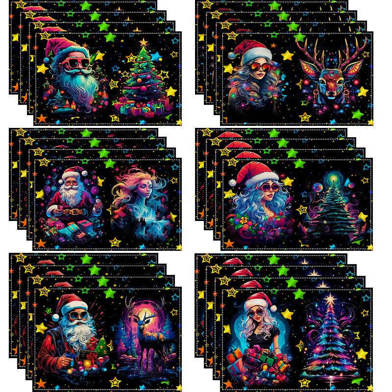 Christmas table mat with white linen starry sky and Santa Claus print - Korvel