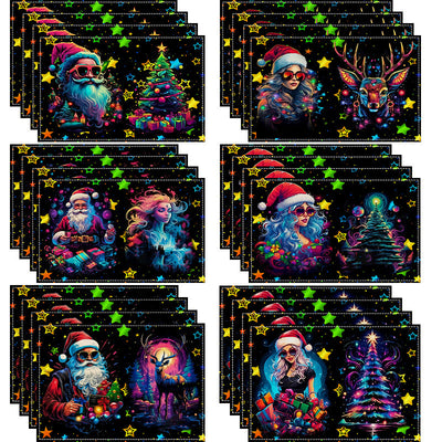 Christmas table mat with white linen starry sky and Santa Claus print - Korvel