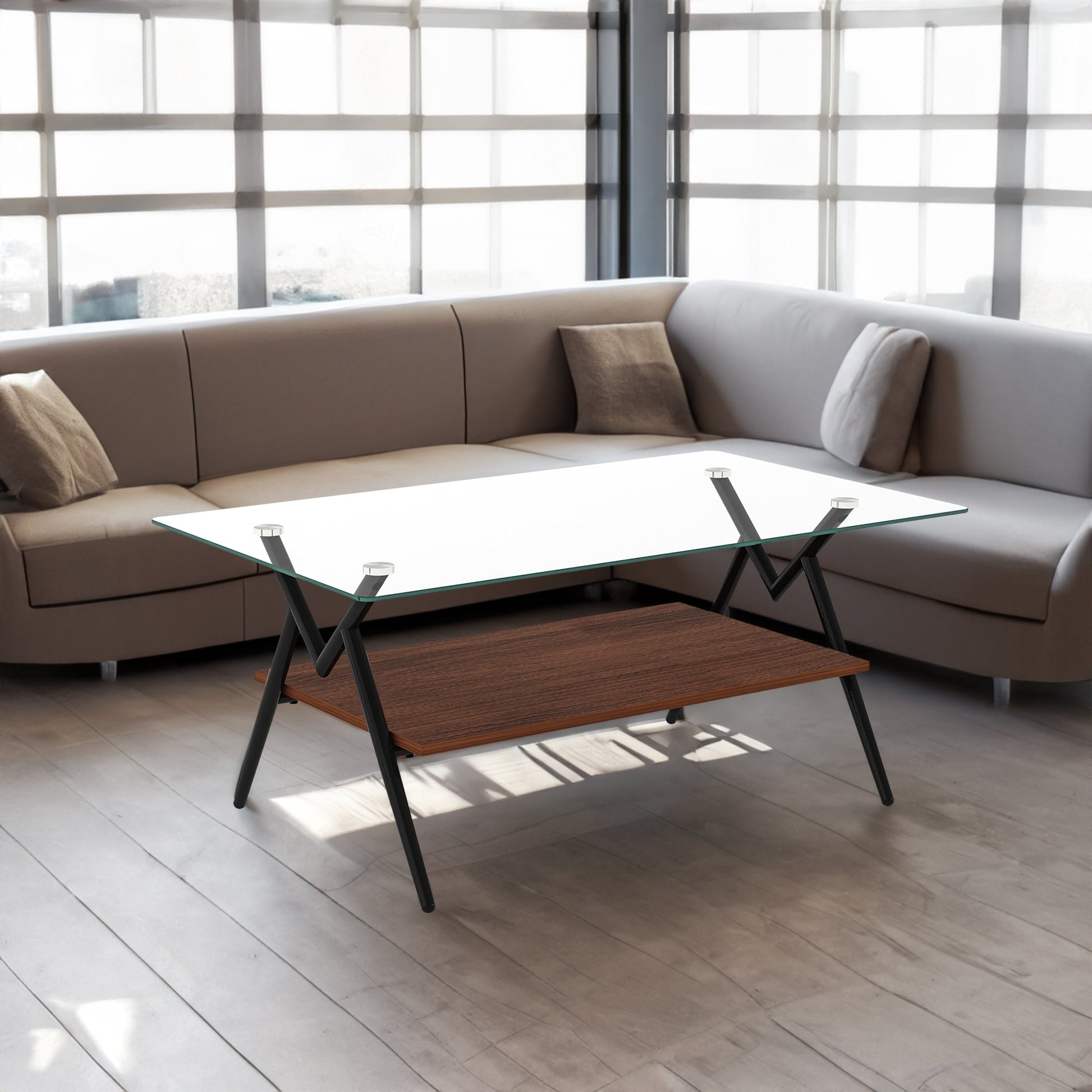 Rectangle Coffee Table with Tempered Glass top and Black Metal Legs, Modern Table for Living Room , Transparent Glass - Korvel