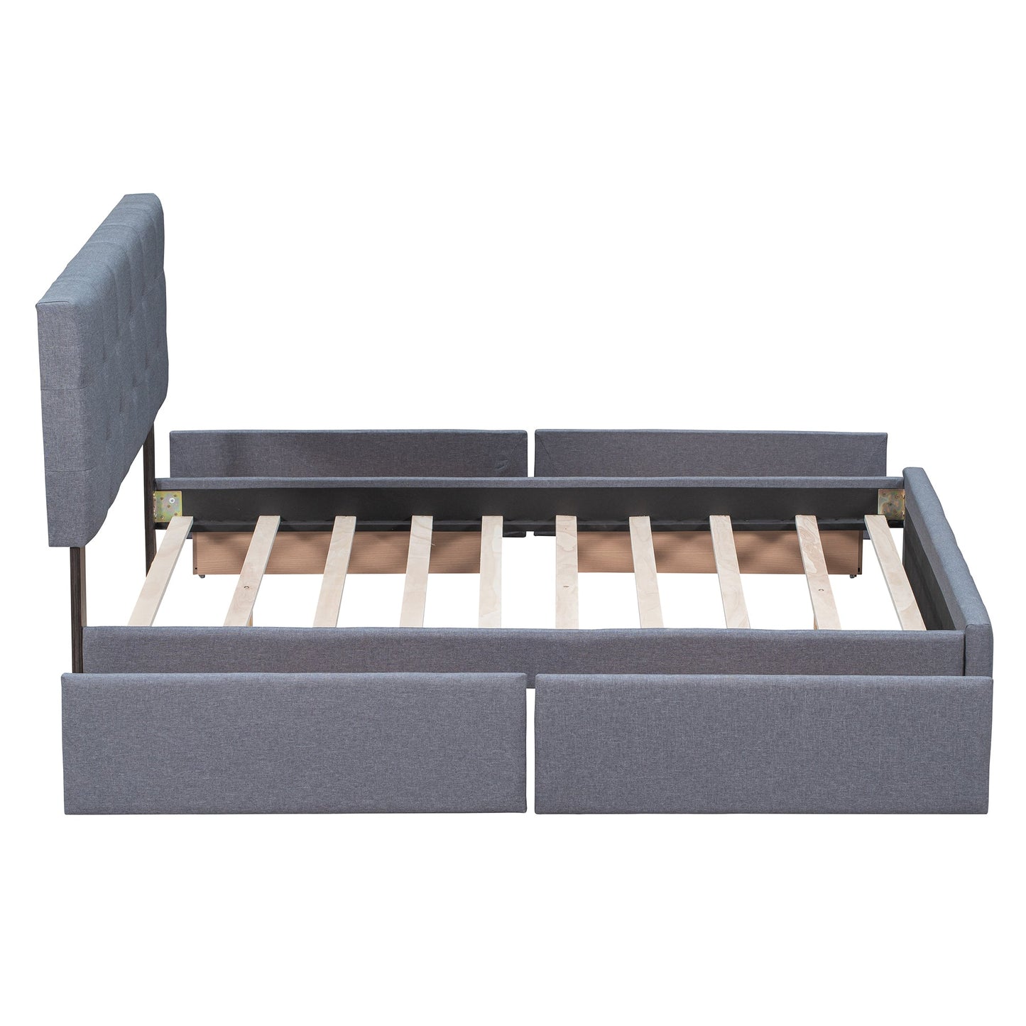 Upholstered Platform Bed with Classic Headboard and 4 Drawers No Box Spring Needed Linen Fabric Queen Size Dark gray - Korvel