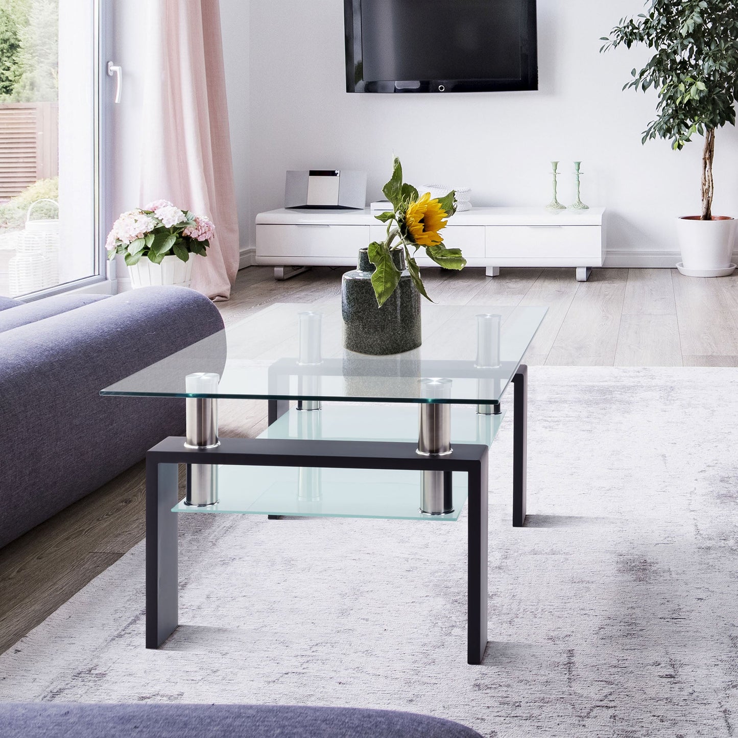 Modern Rectangle Black Glass Coffee Table for Living Room