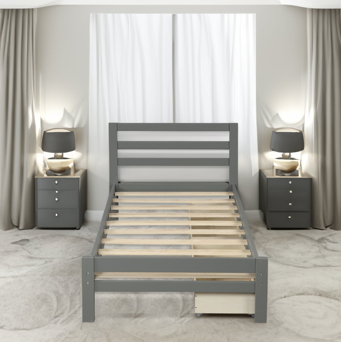 Wood platform bed with two drawers  twin (gray) - Korvel