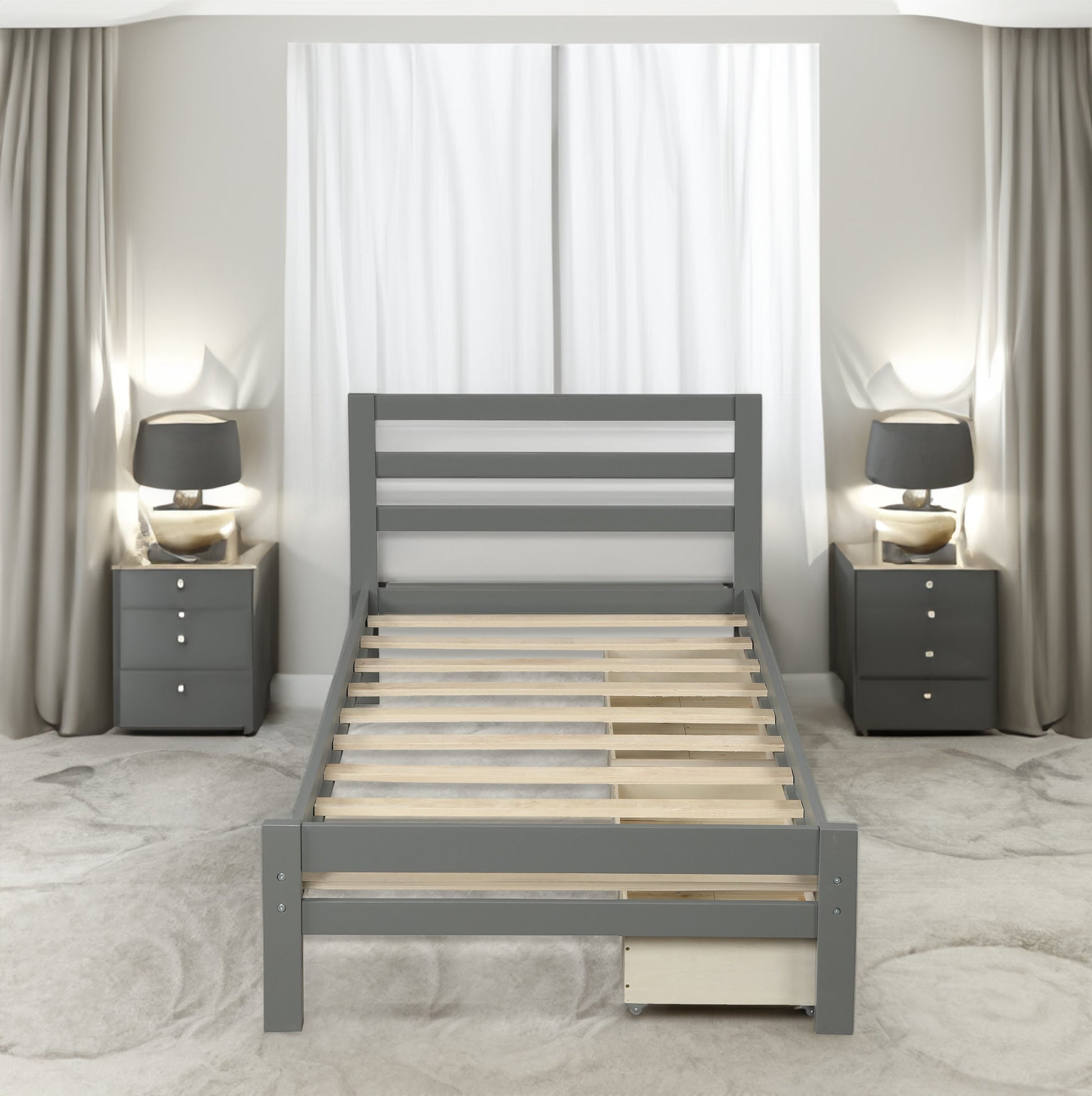 Wood platform bed with two drawers  twin (gray) - Korvel