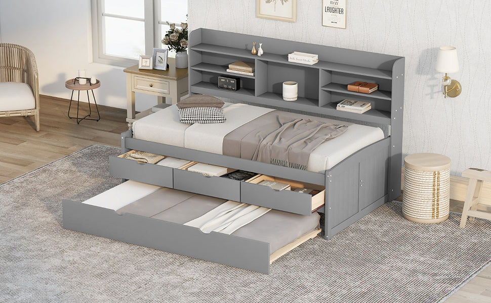 Twin Size Wooden Captain Bed with Built-in Bookshelves,Three Storage Drawers and Trundle Light Grey - Korvel