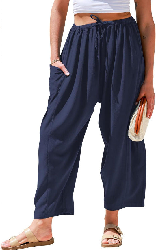 Pantalons larges en coton et lin taille haute pour femmes