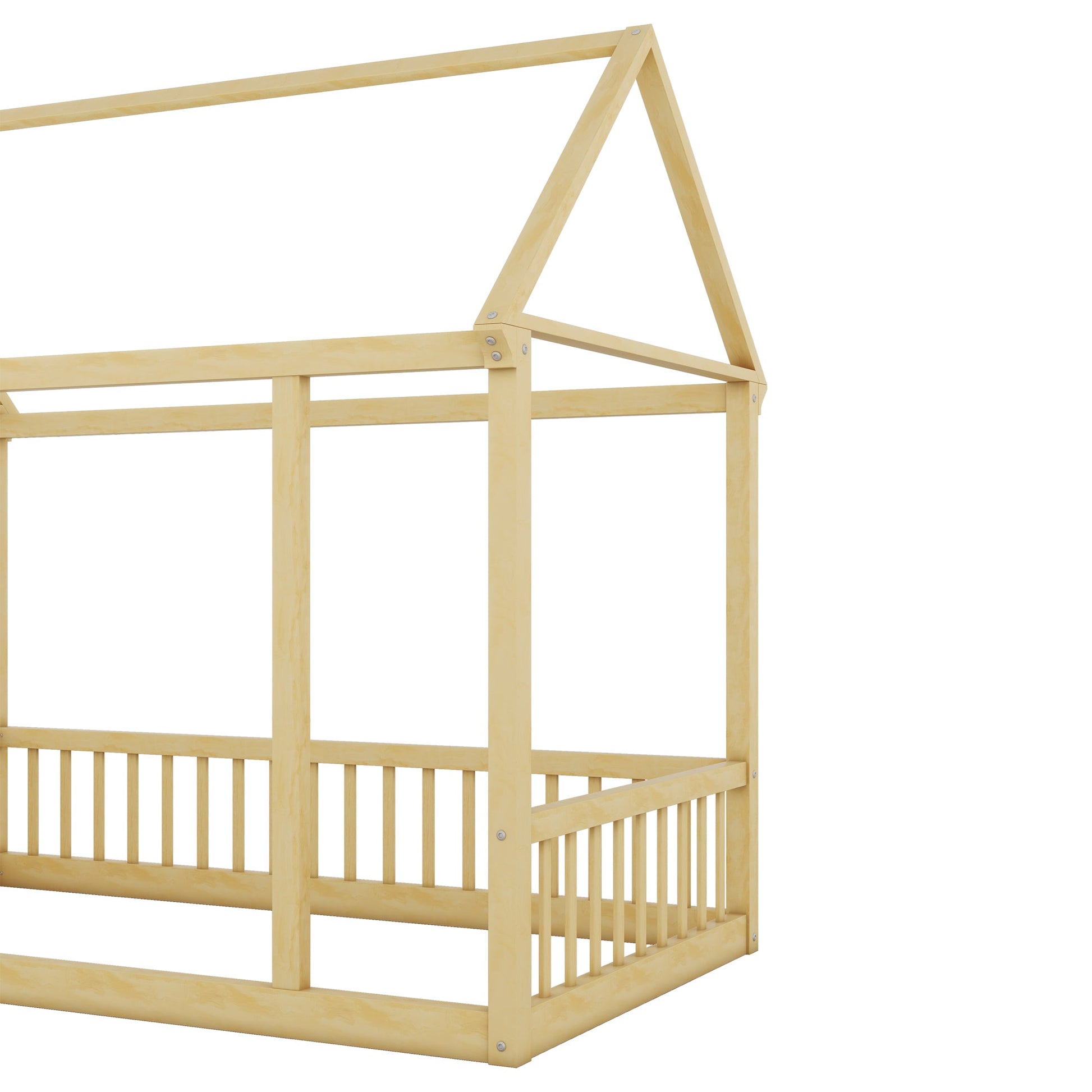 Twin Size Floor Wooden Bed with House Roof Frame and Safety Guardrails,Natural - Korvel