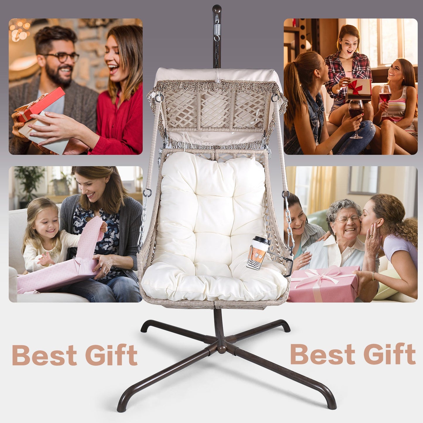 Swing Egg Chair with Stand Indoor Outdoor Wicker Rattan Frame 350lbs Capacity Hammock Chair for Patio Bedroom with Sunshade Clot - Korvel
