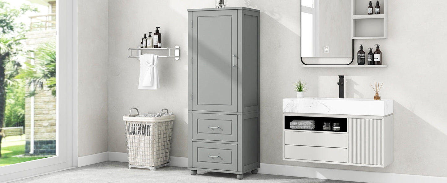 Tall Bathroom Storage Cabinet, Freestanding Storage Cabinet with Two Drawers and Adjustable Shelf, MDF Board , Grey - Korvel