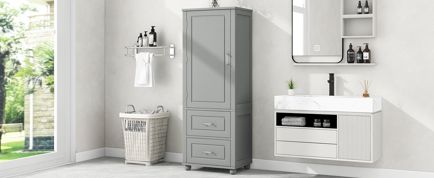 Tall Bathroom Storage Cabinet, Freestanding Storage Cabinet with Two Drawers and Adjustable Shelf, MDF Board , Grey - Korvel
