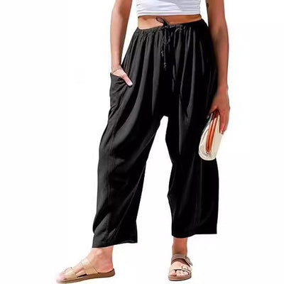 High-Waisted Wide Leg Cotton Linen Trousers for Women
