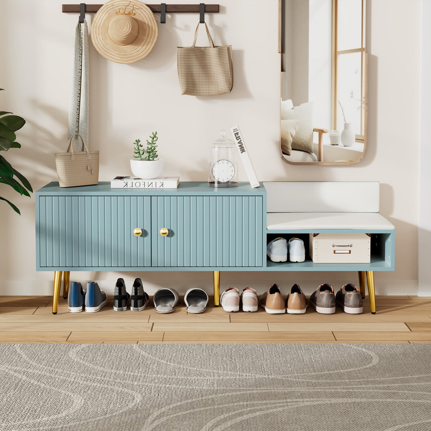 Modern Tiffany Blue Shoe Storage Bench with Cushions