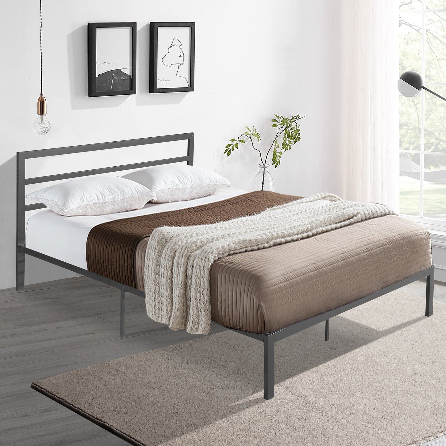 Queen Size Metal Bed Frame with Headboard Charcoal Grey - Korvel