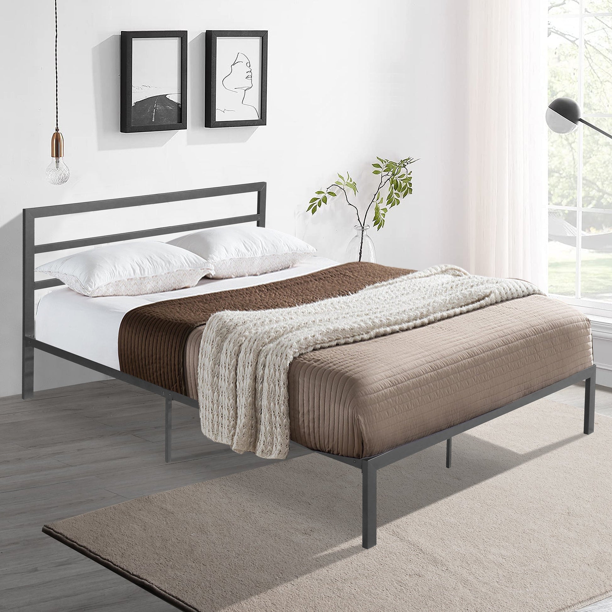 Queen Size Metal Bed Frame with Headboard Charcoal Grey - Korvel