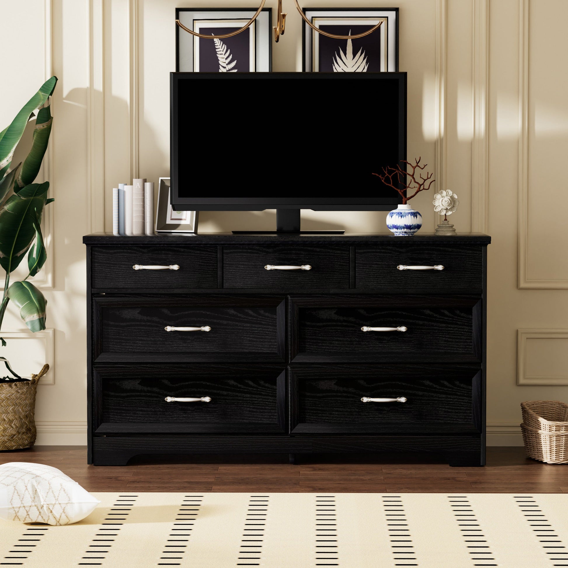 Modern 3 Drawer Bedroom Chest of Drawers with 7 Drawers Dresser, Clothes Organizer -Metal Pulls Black, 47.6″L x 15.7″W x 26.6″H - Korvel