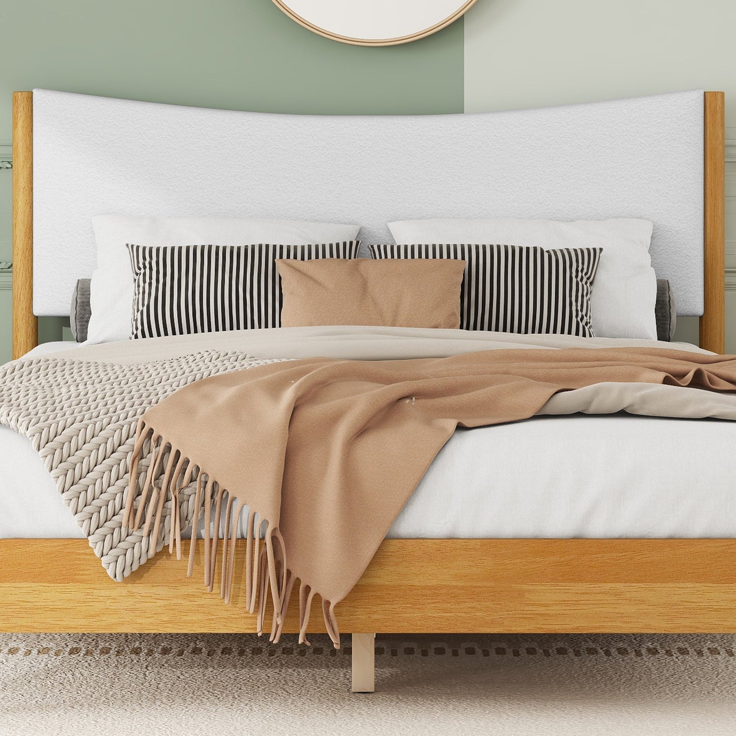 Queen Size Rubber Wooden , Solid Wooden Bed with Teddy Velvet Cushion Upholstered Headboard, Enhanced by Support Feet - Korvel