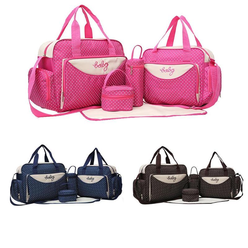 5pcs/Set Mother Mummy Diaper Bag Set Maternity Suit Large Handbag Nappy Diaper Bag Stroller Food Bag Baby Bottle Holder Bag Sets - Korvel