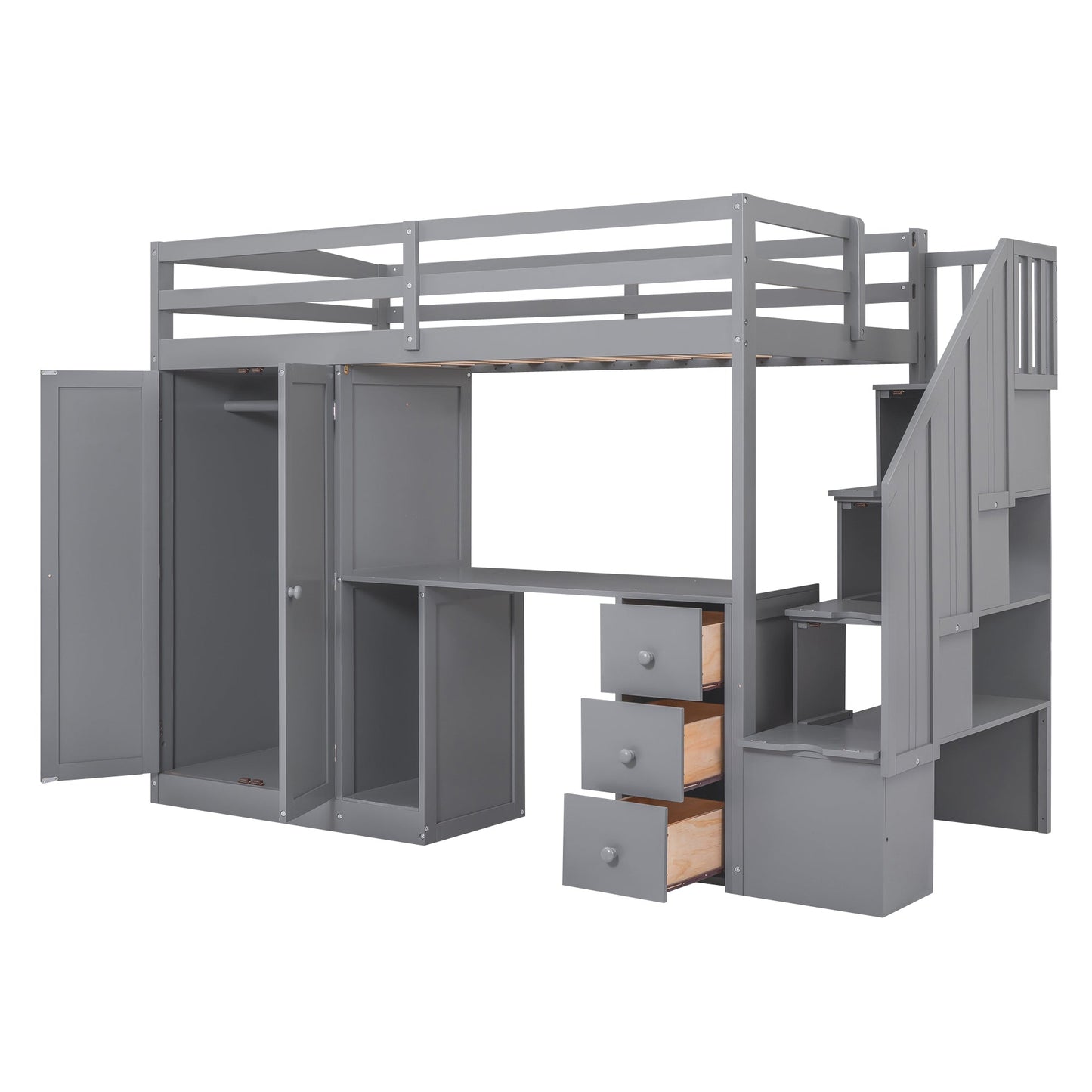 Cama loft tamaño twin con armario y almacenamiento en gris