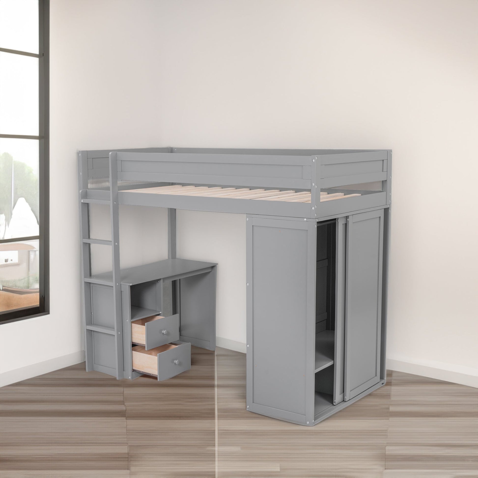Wood Twin Size Loft Bed with Wardrobes and 2-Drawer Desk with Cabinet Gray - Korvel