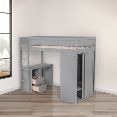 Wood Twin Size Loft Bed with Wardrobes and 2-Drawer Desk with Cabinet Gray - Korvel