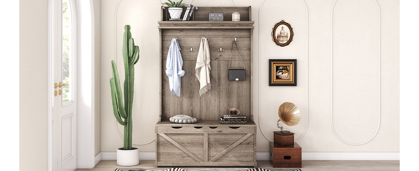 Hall tree with storage desk, entrance desk with drawers and 5 hooks, display rack,Oak - Korvel