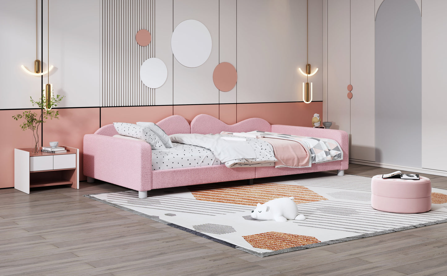 Twin size Upholstered Daybed, Sherpa Fabric Sofabed with Cloud-Shaped Backrest, No Box-spring Needed, Pink - Korvel