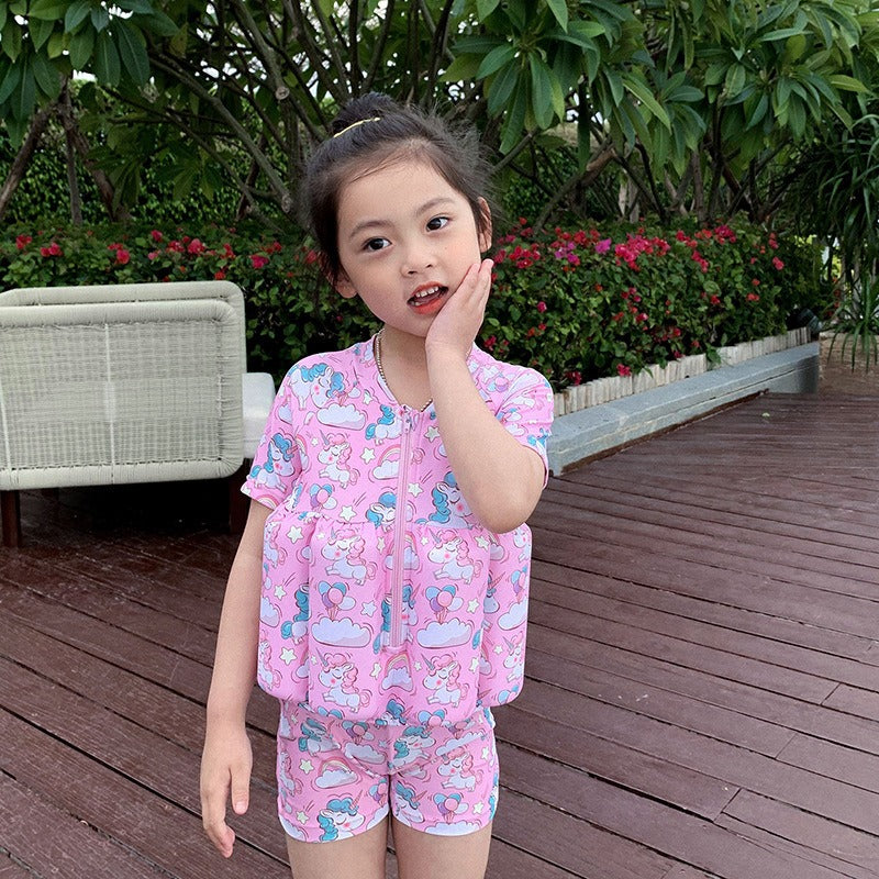 Children's buoyancy swimsuit for girls and boys, cute baby short sleeved zipper one-piece surfing floating vest swimsuit - Korvel
