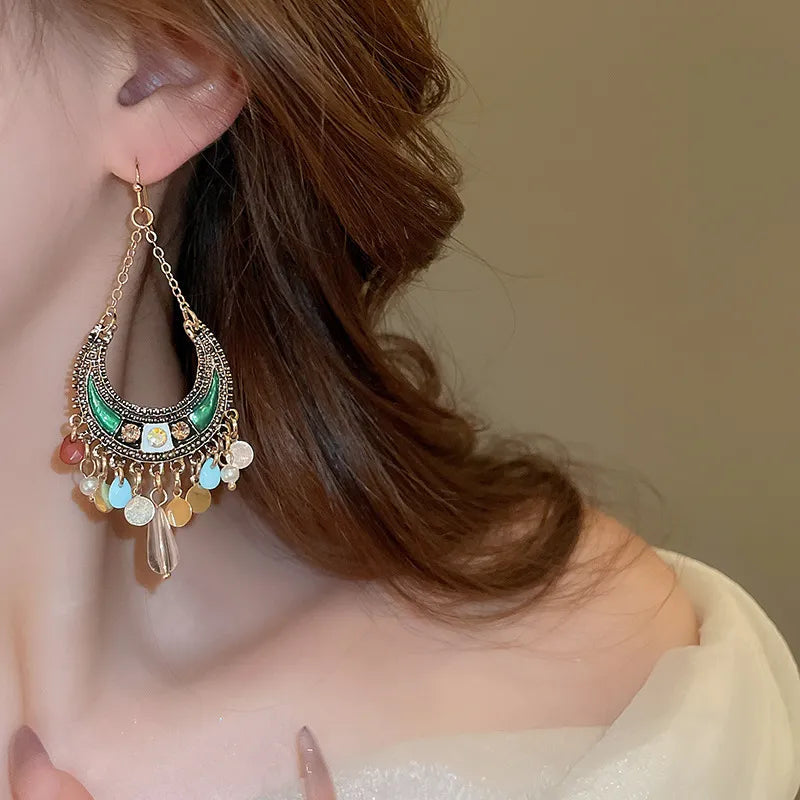 Pendientes Colgantes de Rhinestone Verde Oscuro Elegantes