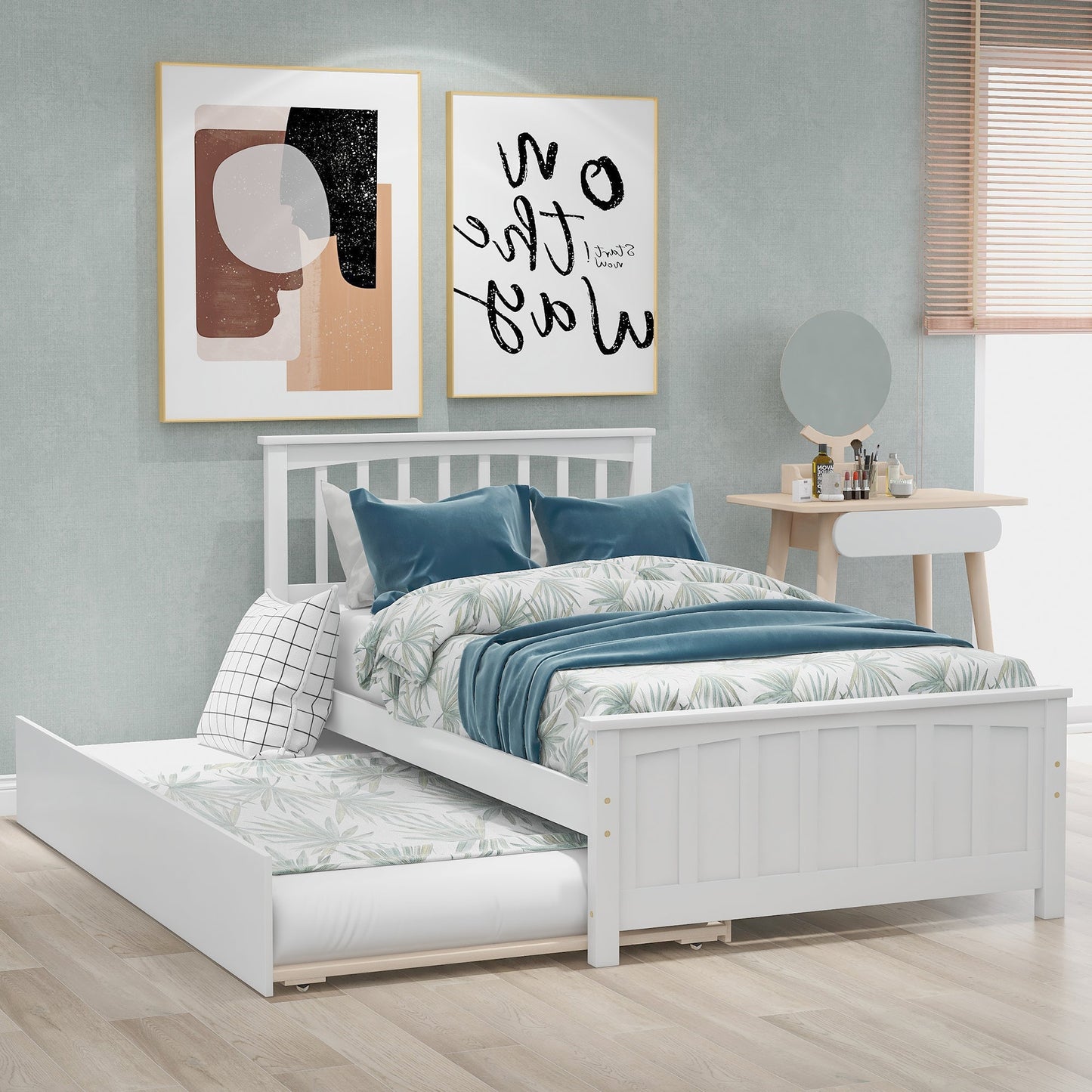 Twin size Platform Bed with Trundle White - Korvel