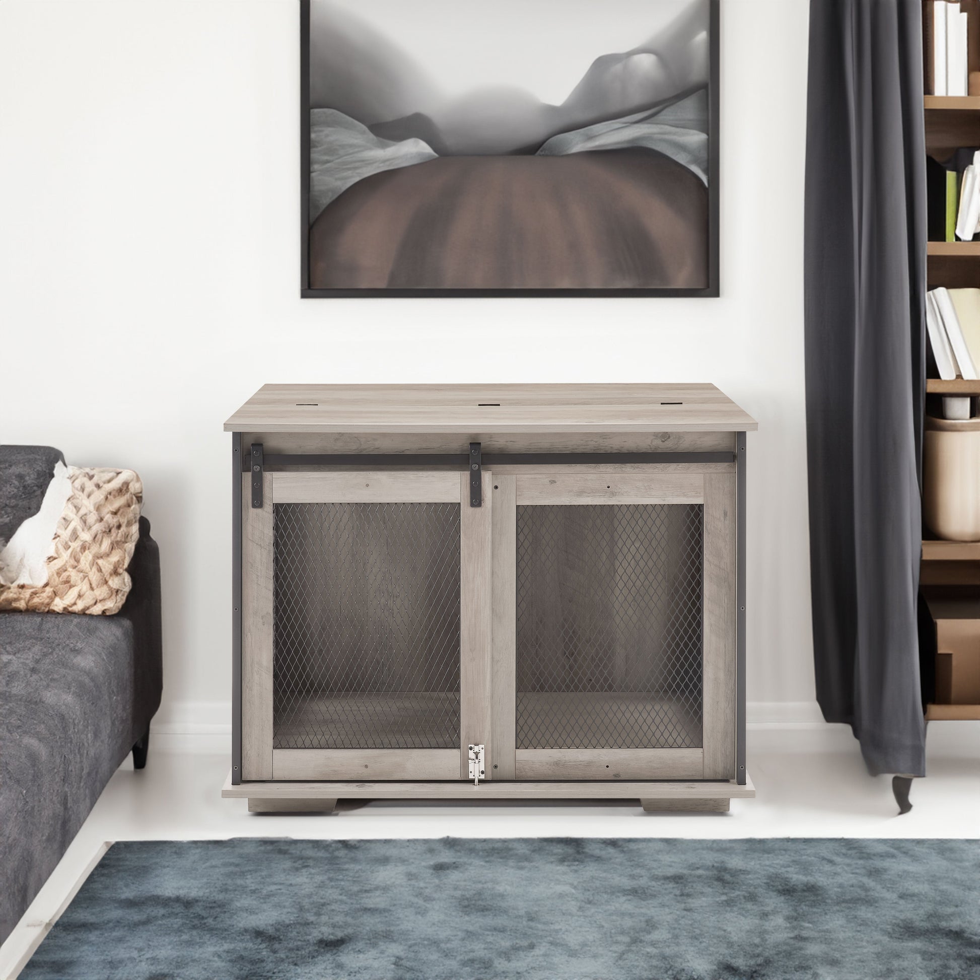 Farmhouse Dog Cage Crate Furniture with Sliding Barn Door, Farmhouse Wooden Dog Kennel End Table with Flip-top Plate Dog House - Korvel