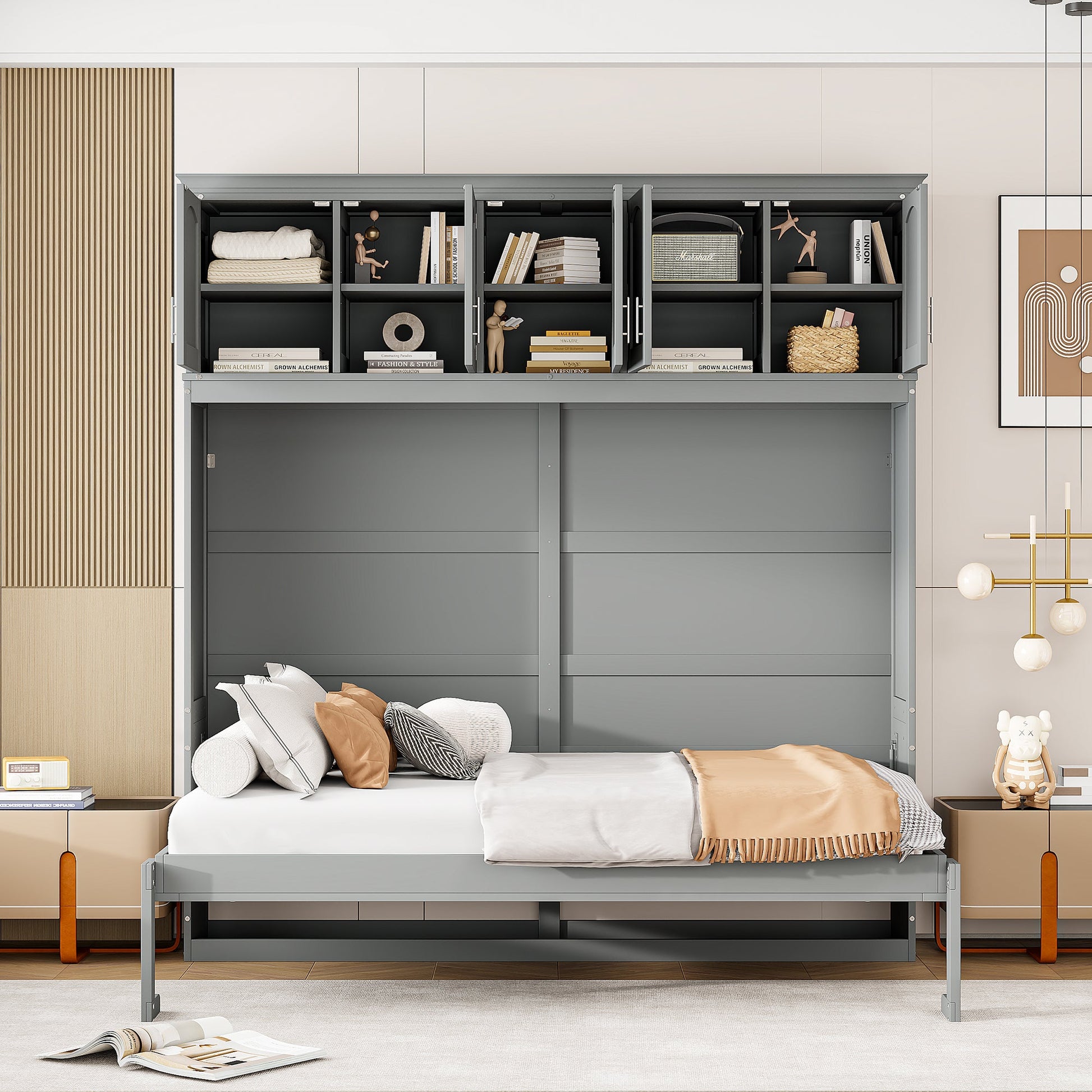 Full Size Murphy Bed Wall Bed with Top Cabinets,Gray - Korvel