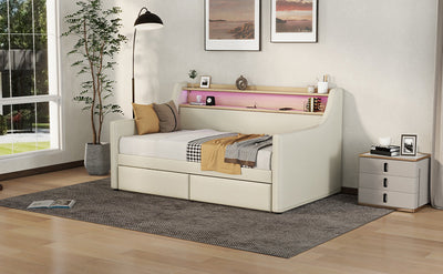 Twin Size Daybed with Storage Drawers, Upholstered Daybed with Charging Station and LED Lights, Beige - Korvel