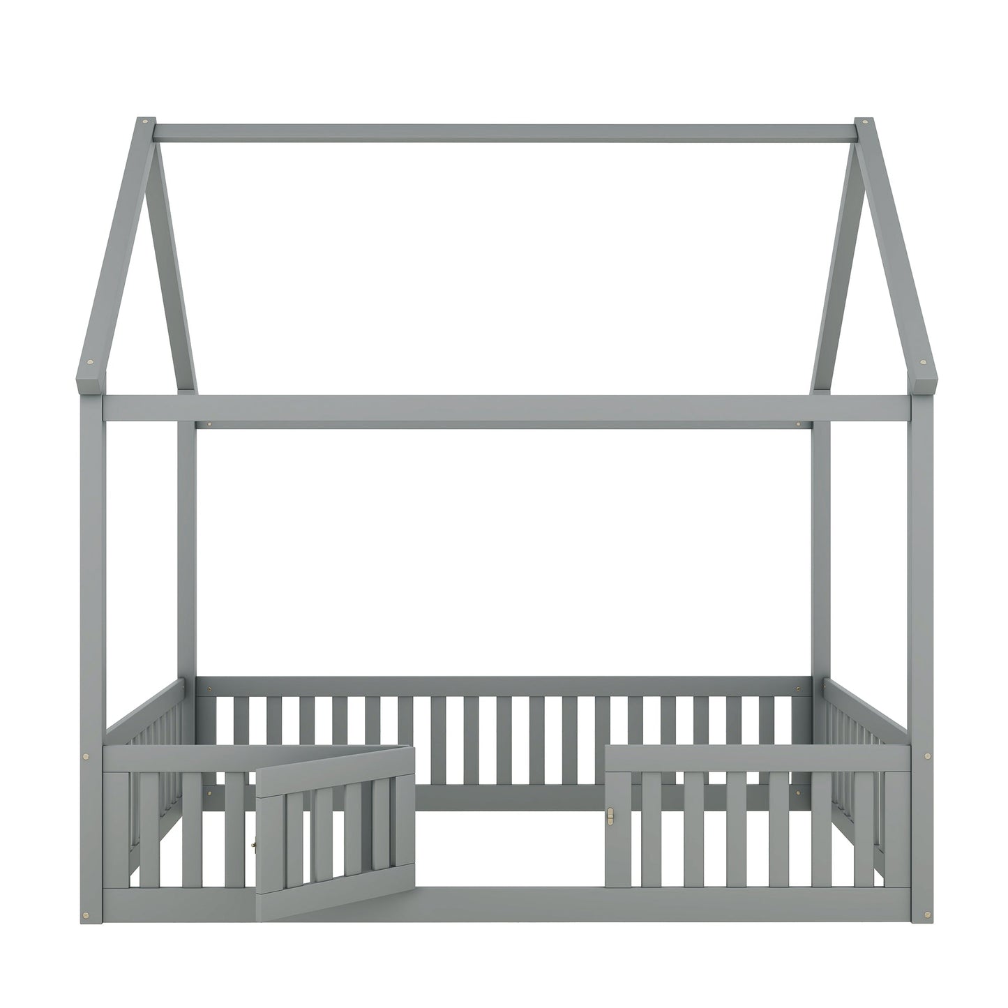 Full Size Wood House Bed with Fence and Door, Gray - Korvel