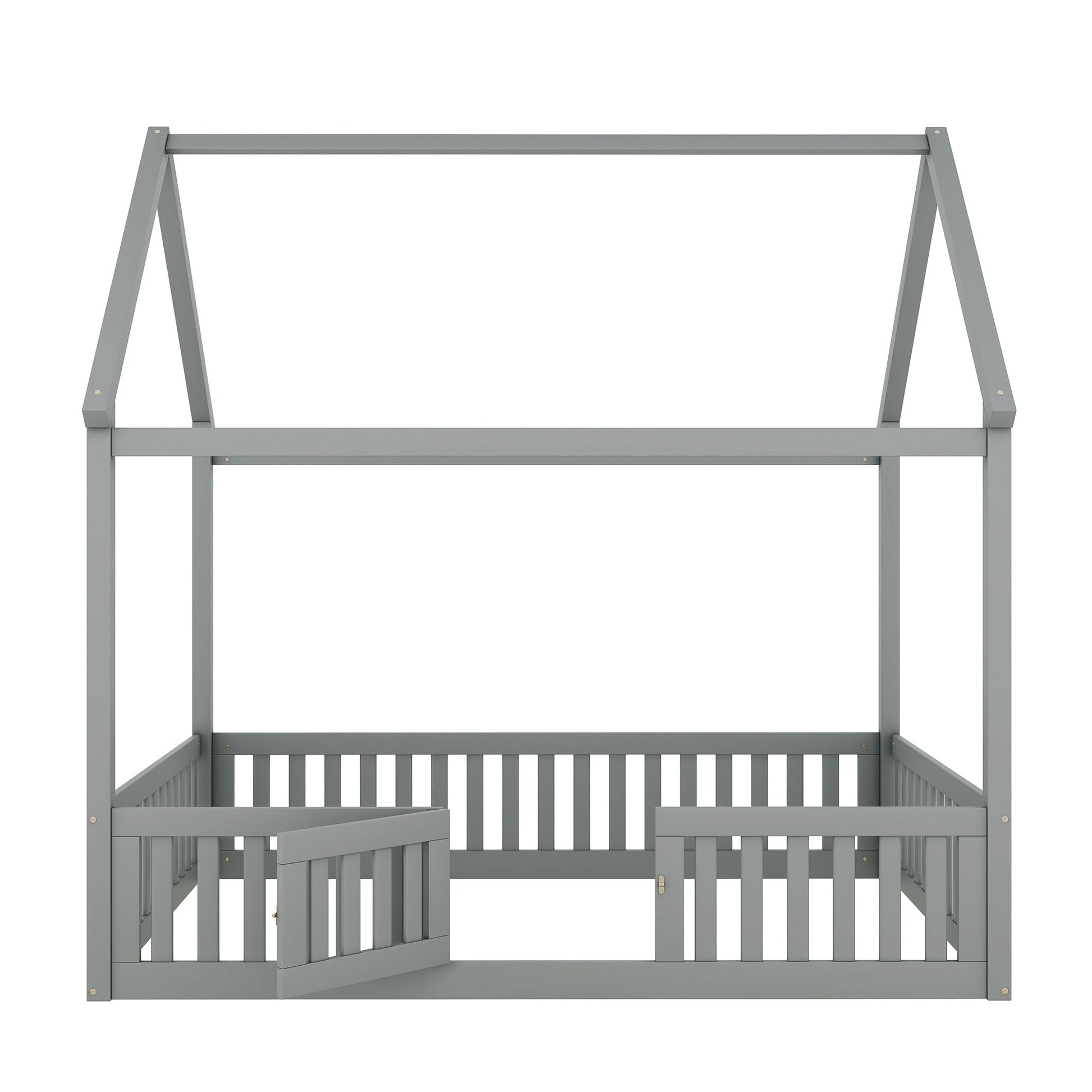 Full Size Wood House Bed with Fence and Door, Gray - Korvel