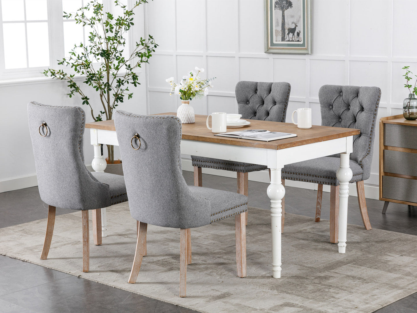High-end Tufted Solid Wood Contemporary Flax Upholstered Linen Dining Chair with Wood Legs Nailhead Trim 2-Pcs Set Gray - Korvel