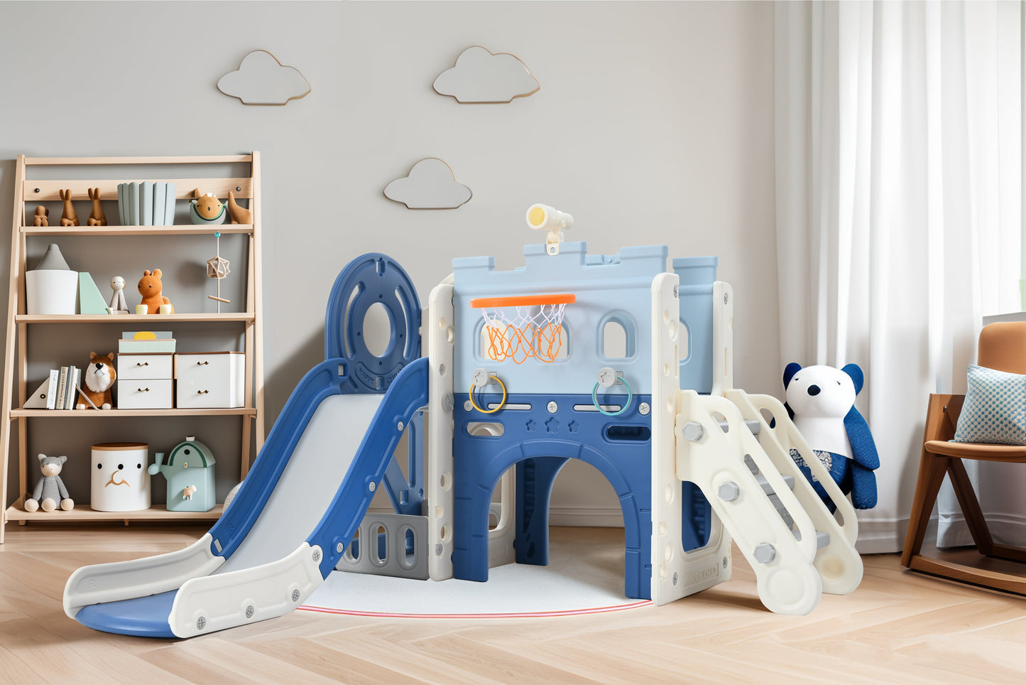 9-1 Toddler Slide Set,Kids Slide for Toddlers Ages 1+, Basketball Hoop, Tunnel and Storage Space, Pirate Ship Themed Slide - Korvel