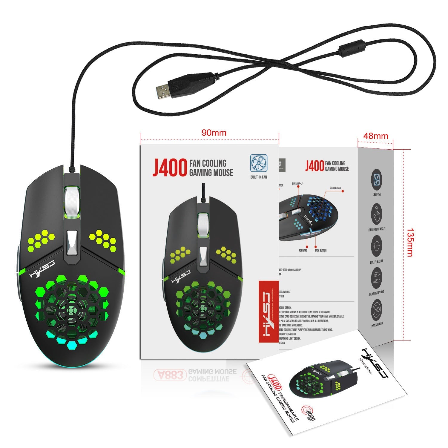 J400 new fan macro programming wired hole gaming mouse 8000dpi adjustable anti sweat design - Korvel
