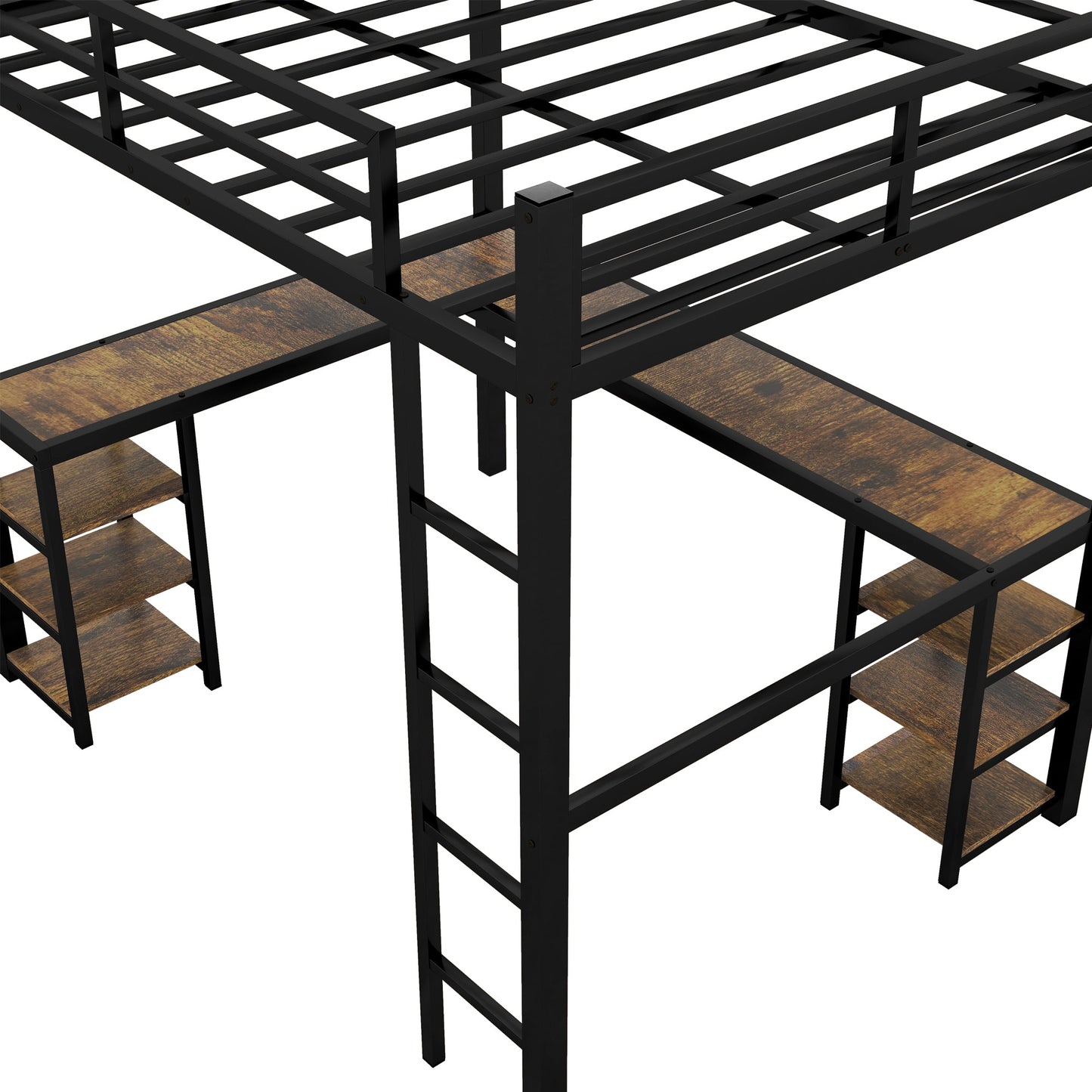 Full Metal Loft Bed with Desk and Shelves, Loft Bed with Ladder and Guardrails, Loft Bed Frame for Bedroom, Black - Korvel