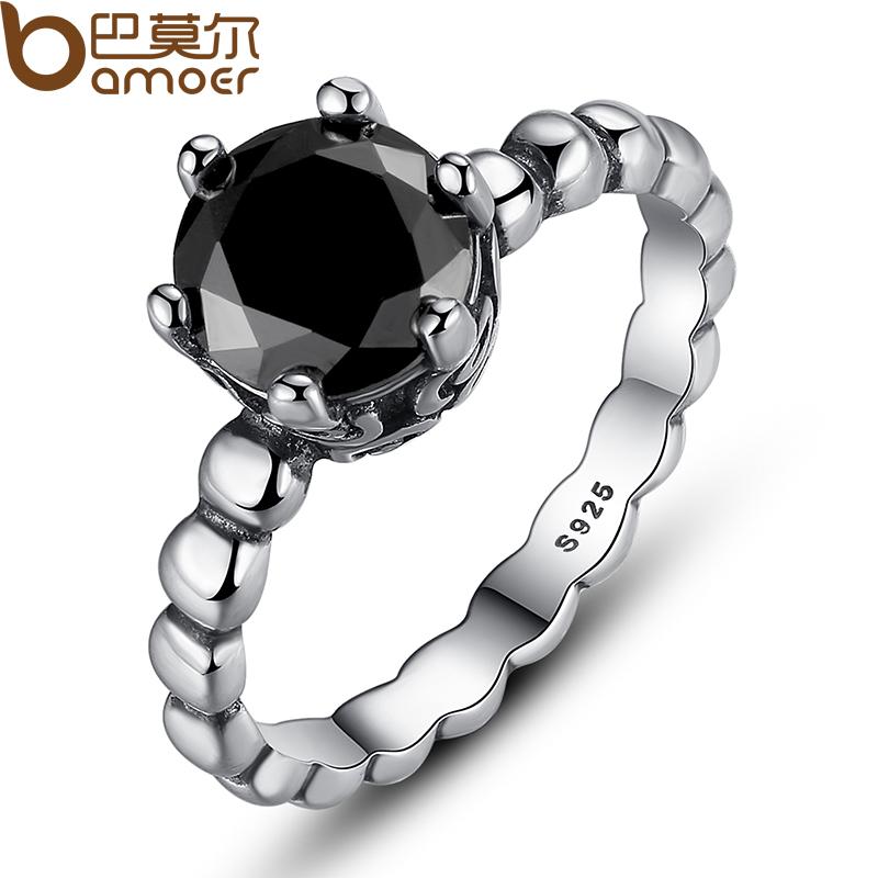 BAMOER Black Cubic Zirconia Finger Ring - Elegant Wedding Jewelry