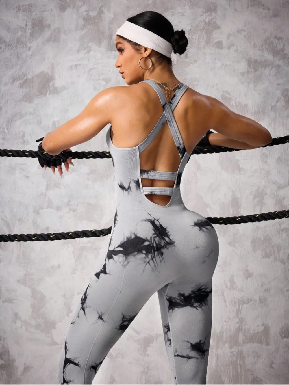 Back Crisscross Tie-Dye Scoop Neck Active Jumpsuit - Korvel
