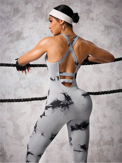 Back Crisscross Tie-Dye Scoop Neck Active Jumpsuit - Korvel