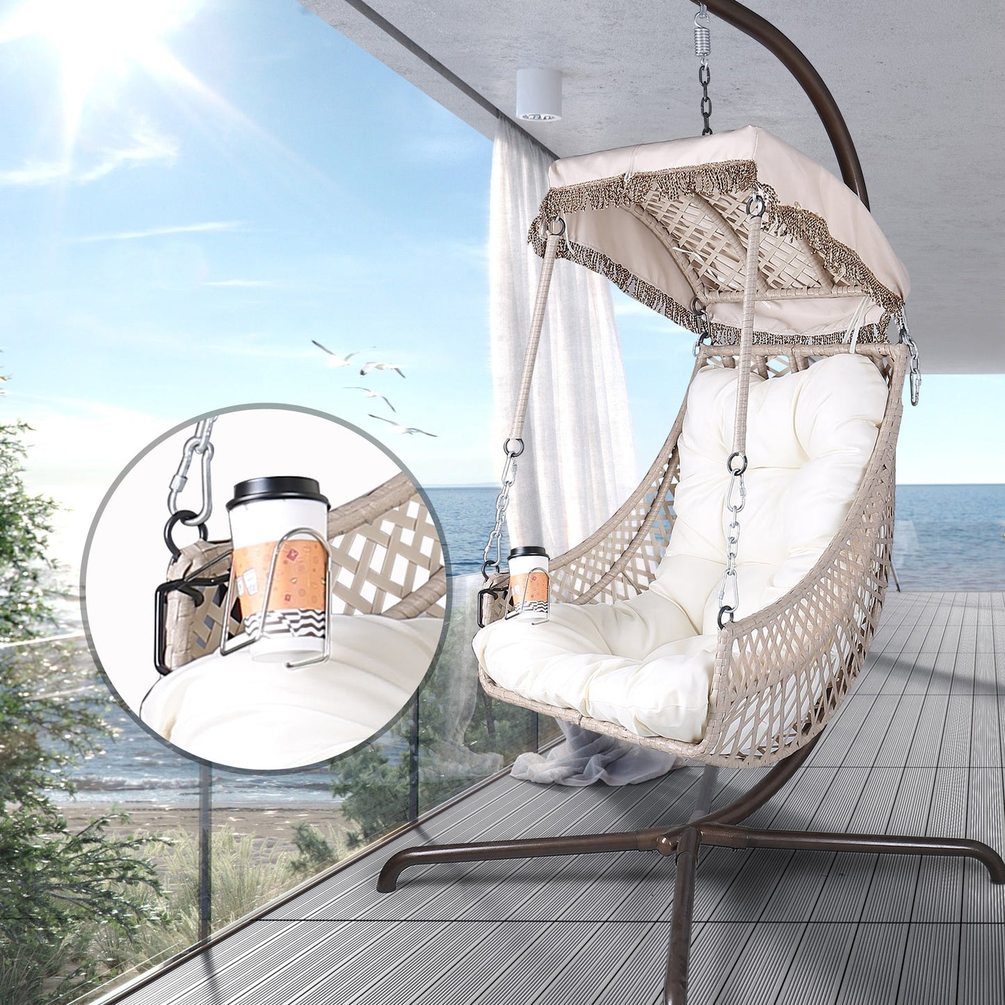 Swing Egg Chair with Stand Indoor Outdoor Wicker Rattan Frame 350lbs Capacity Hammock Chair for Patio Bedroom with Sunshade Clot - Korvel
