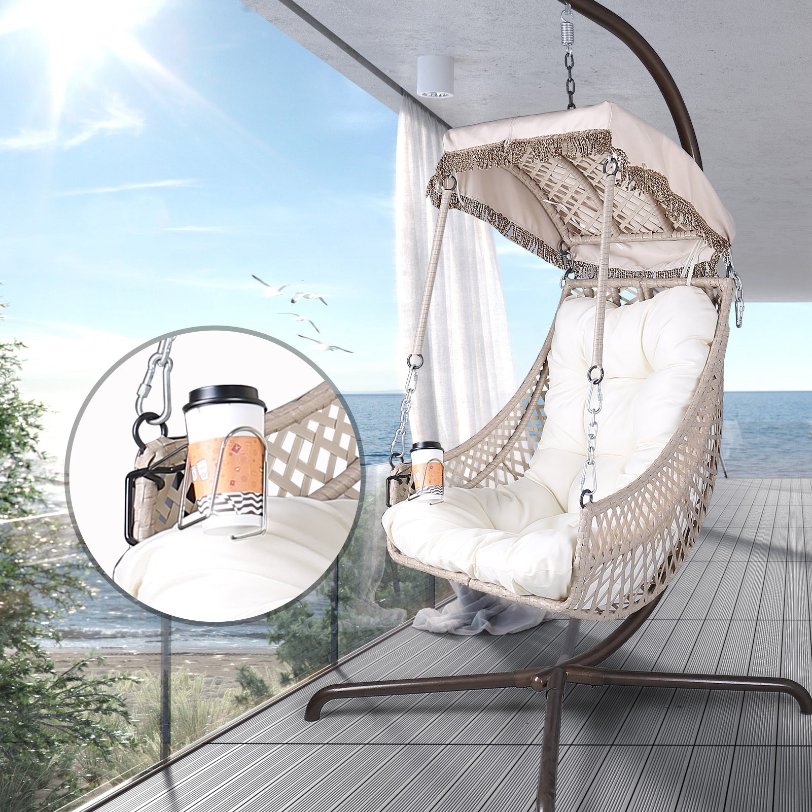 Swing Egg Chair with Stand Indoor Outdoor Wicker Rattan Frame 350lbs Capacity Hammock Chair for Patio Bedroom with Sunshade Clot - Korvel