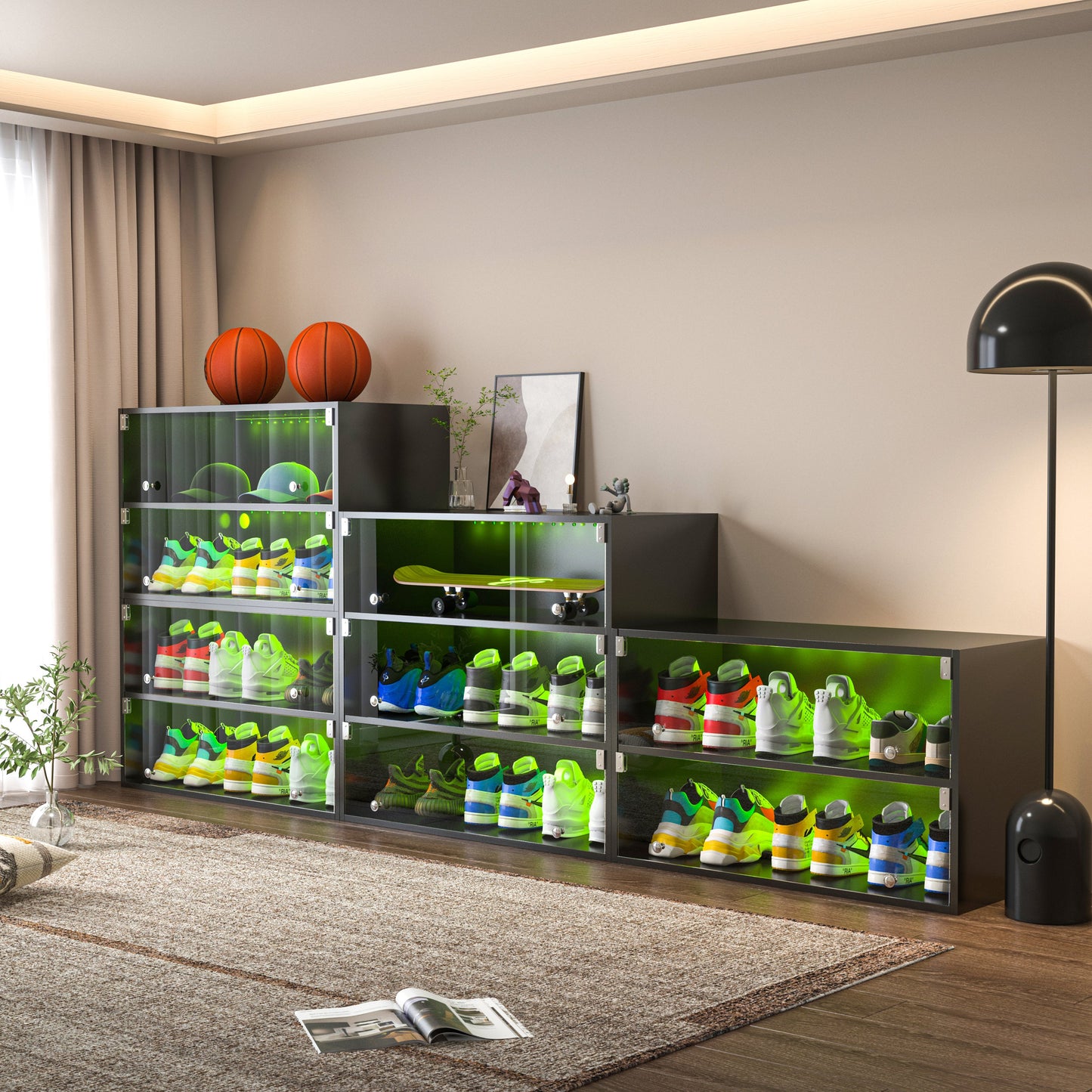 Black Glass Door Shoe Box Shoe Storage Cabinet For Sneakers With RGB Led Light - Korvel