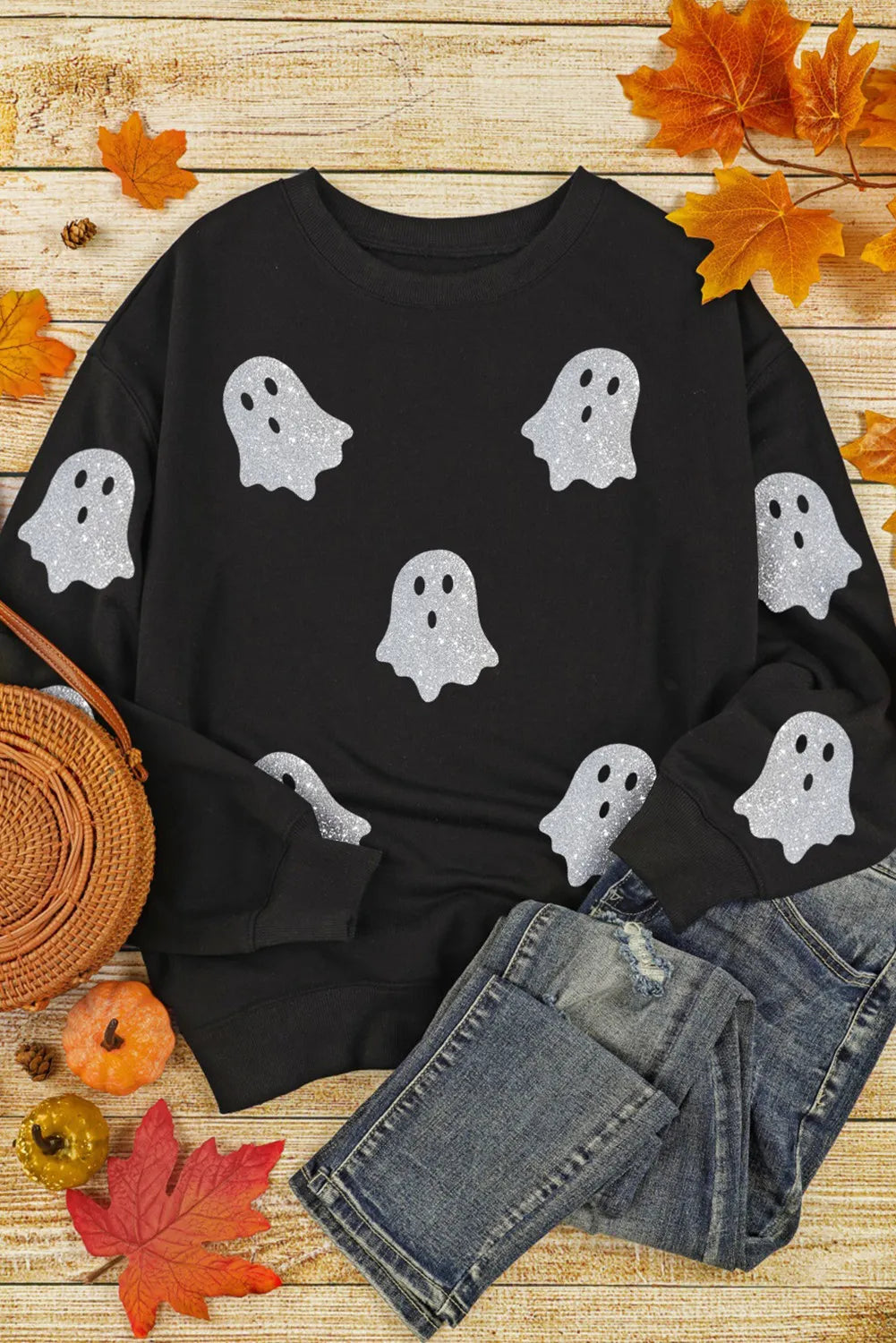 Glitter Round Neck Long Sleeve Sweatshirt - Korvel