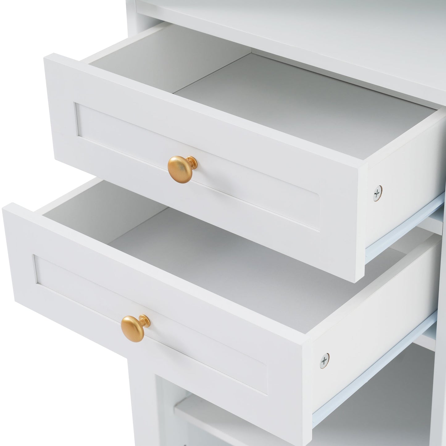 High bathroom storage cabinet with glass door, freestanding, two drawers and adjustable shelves, MDF board, painted white - Korvel
