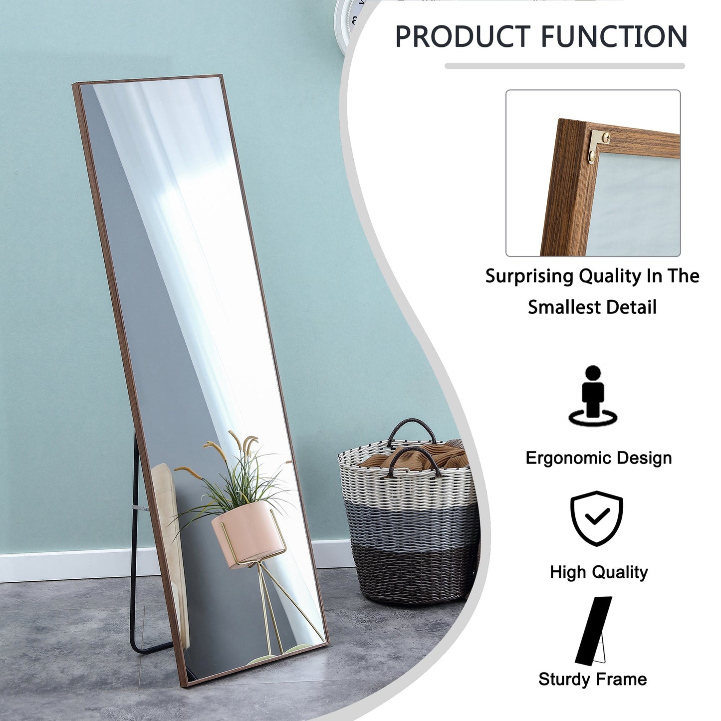 60x17 Brown Solid Wood Frame Full-length Mirror, Dressing Mirror, Bedroom Home Porch - Korvel