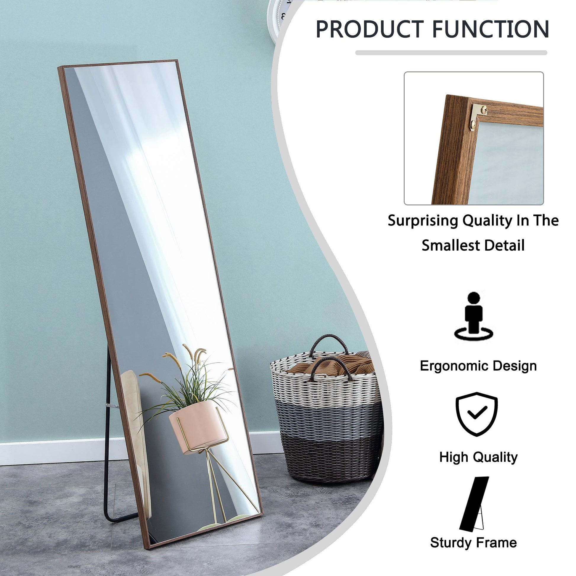 60x17 Brown Solid Wood Frame Full-length Mirror, Dressing Mirror, Bedroom Home Porch - Korvel