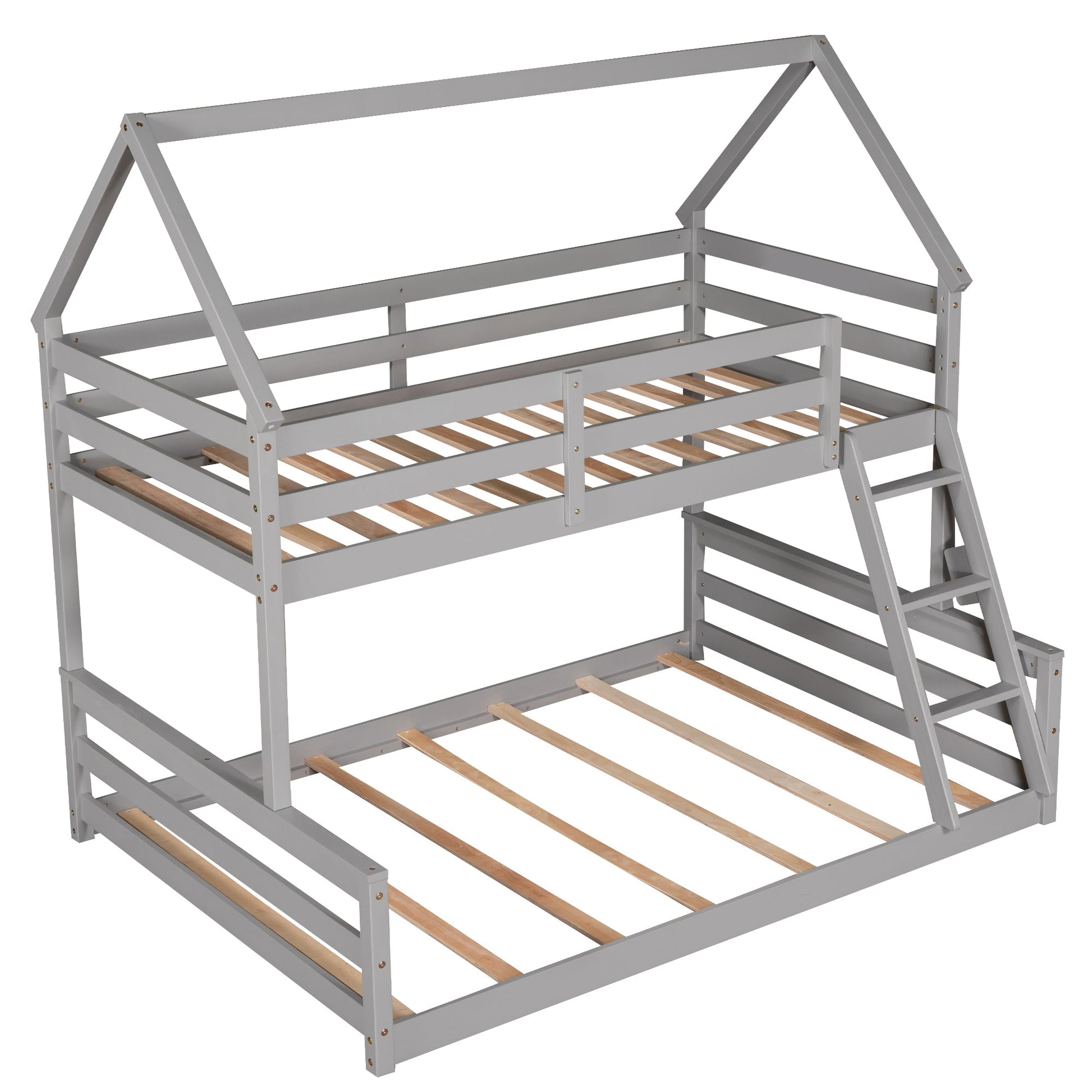 Twin over Full House Bunk Bed with Built-in Ladder Gray - Korvel