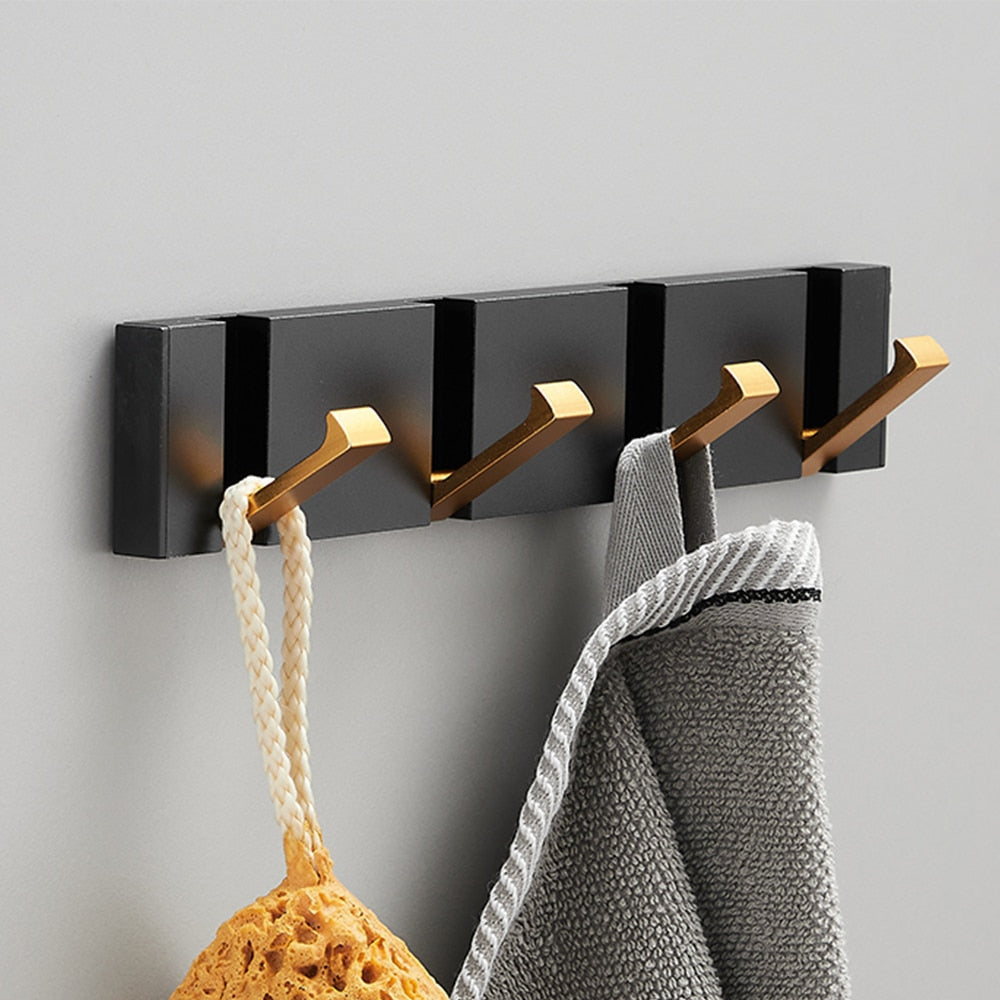 Folding Towel Hanger 2ways Installation Wall Hooks Coat Clothes Holder for Bathroom Kitchen Bedroom Hallway, Black Gold - Korvel